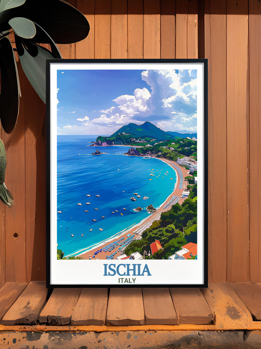 Travel print of Ischias Maronti Beach, showcasing the tranquil blue waters and golden sands of this famous Italian destination. This fine art piece makes a stunning addition to home décor or a thoughtful gift for anyone with a love of Italy and its beautiful landscapes.