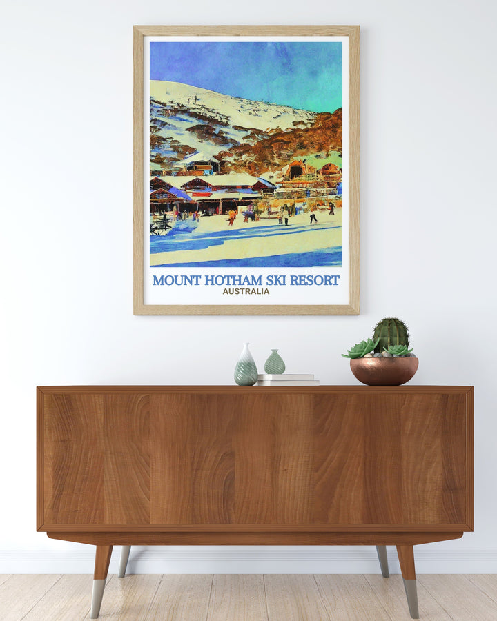 Perfect for anyone who loves Australian skiing, this Mount Hotham wall art features the famous Hotham Alpine Village and the surrounding peaks. This print is a wonderful addition to any home or office space.