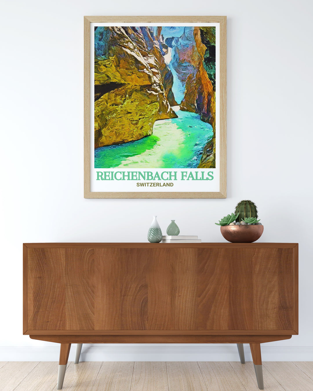 This travel print brings the splendor of Reichenbach Falls and Rosenlaui Glacier Gorge into your home. Ideal for Swiss nature enthusiasts, this artwork adds a touch of Switzerlands wilderness to any decor, making it a perfect gift or personal keepsake.