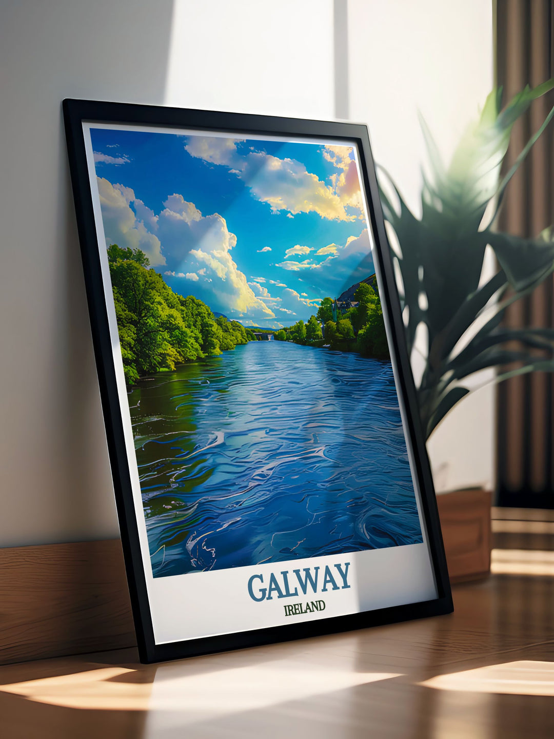 This travel poster of the River Corrib features the rivers serene waters and scenic banks. Ideal for nature enthusiasts, this artwork captures the essence of Irelands coastal beauty and tranquil charm.