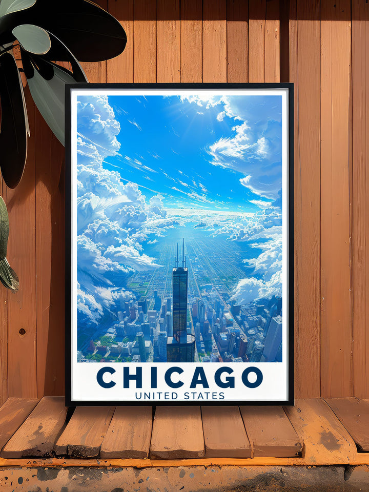 A captivating Chicago skyline poster with Willis Tower offering a blend of urban and historic elements ideal for travel posters and personalized Chicago gifts for friends and family.
