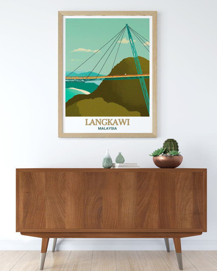 Langkawi travel poster depicting the stunning Langkawi Sky Bridge with a focus on its architectural grace and the surrounding natural landscapes. This print is a great choice for anyone looking to bring the exotic beauty of Malaysia into their living space as part of their decor.