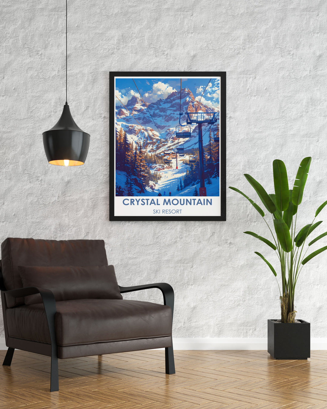 Framed art illustrating the excitement of Crystal Mountains ski slopes and the picturesque surroundings of the Cascade Range, a perfect gift for adventure lovers.