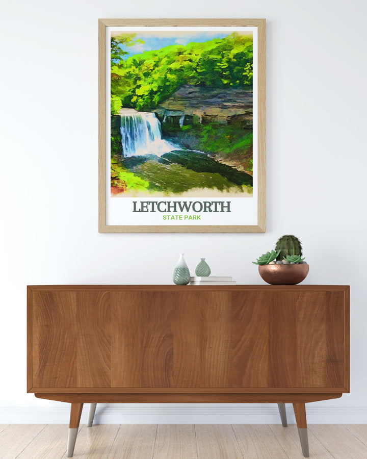 Middle Falls art print showcasing the powerful cascade and lush greenery of Letchworth State Park. This vibrant illustration captures the majestic beauty of Middle Falls, perfect for adding a touch of natures grandeur to your home decor.