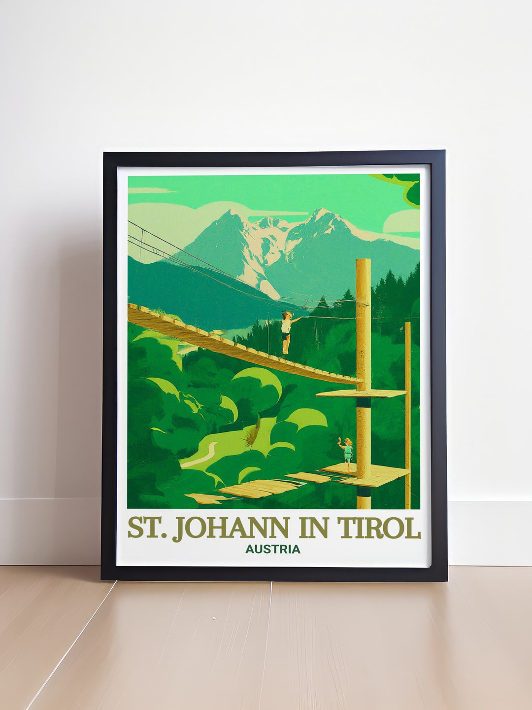 This Austria art print captures the historic charm of St. Johann in Tirol, alongside the adventure filled Hornpark Climbing Forest. Perfect for adding a touch of Austrian culture to your home, this print is an ideal travel gift.