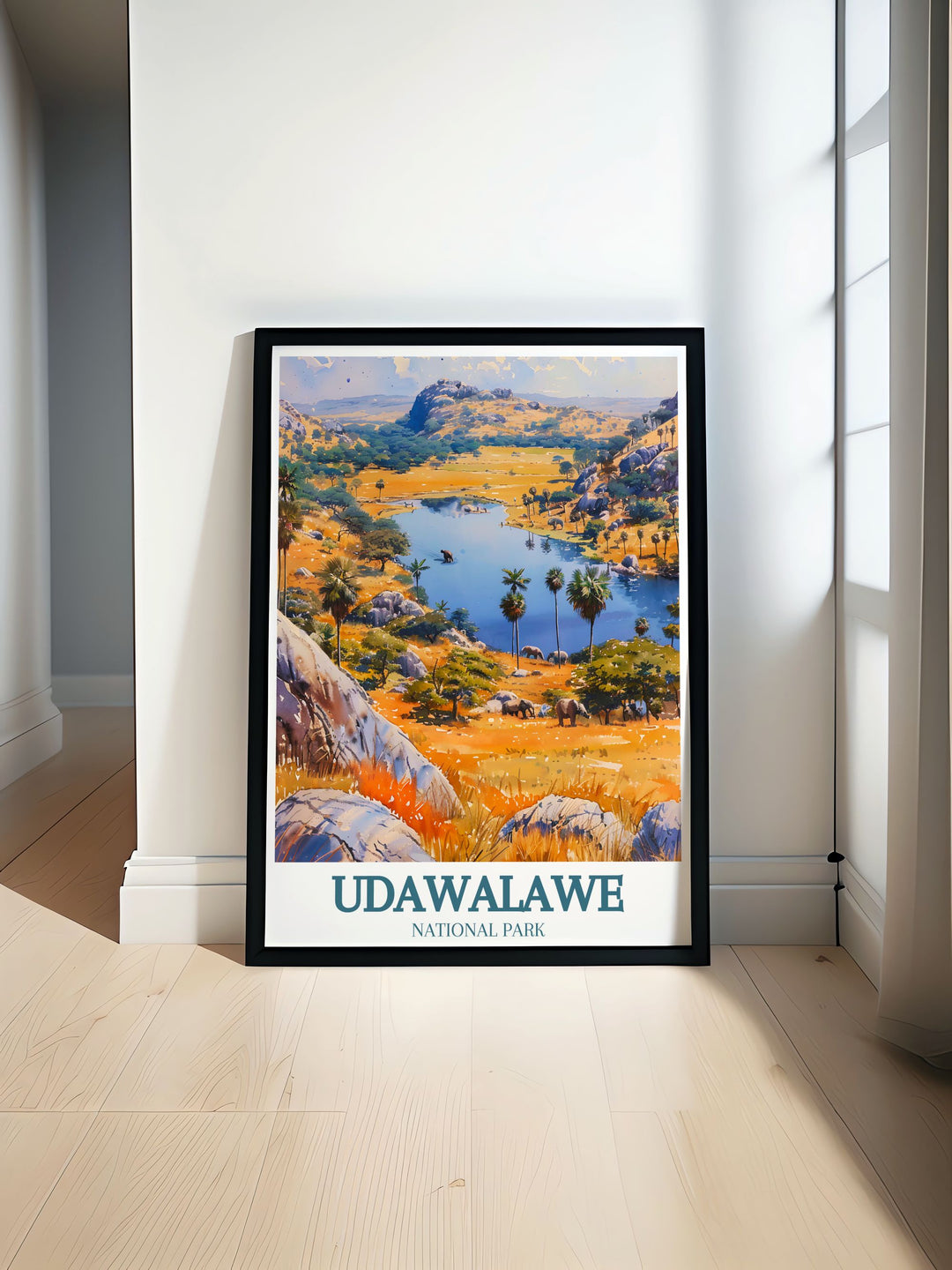 Udawalawe Reservoir Walawe River travel poster showcasing the stunning natural beauty and wildlife of Sri Lanka perfect for home decor and nature enthusiasts bringing the vibrant scenery of Udawalawe into your living space as a captivating wall art piece.