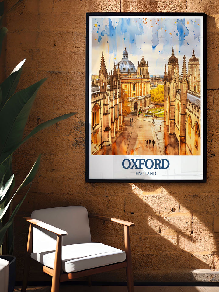 Unique Oxford wall art illustration of Radcliffe Camera and University of Oxford a must have for fans of British travel and elegant living room decor