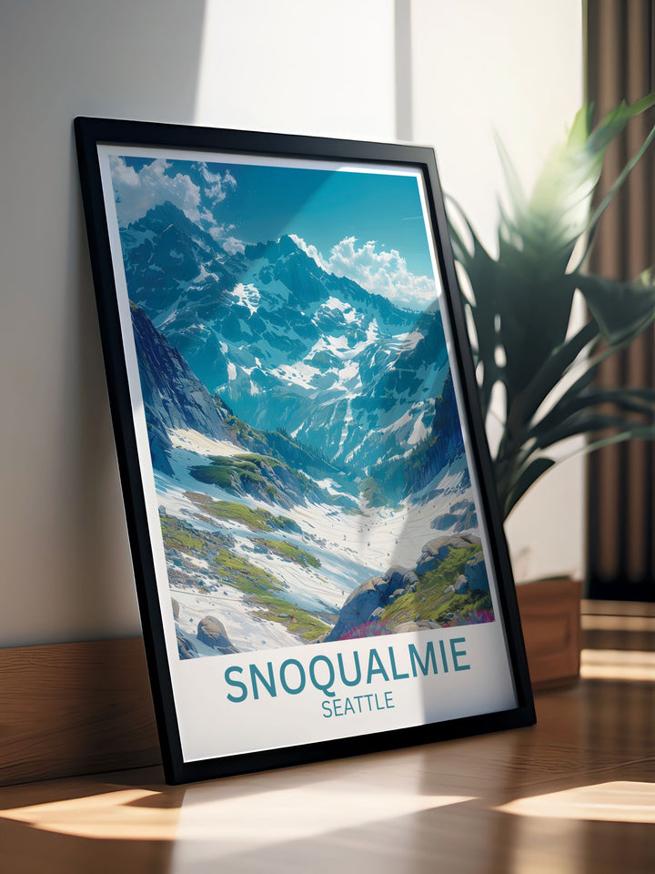 Explore the adventure of The Summit at Snoqualmie with this travel poster, capturing the stunning slopes and scenic beauty of Alpental.