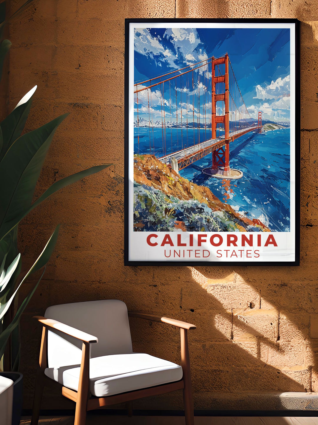 Golden Gate Bridge vintage print showcasing the timeless beauty of the California landmark in a classic style perfect for home or office decor a must have for those who love travel art and the picturesque views of San Francisco