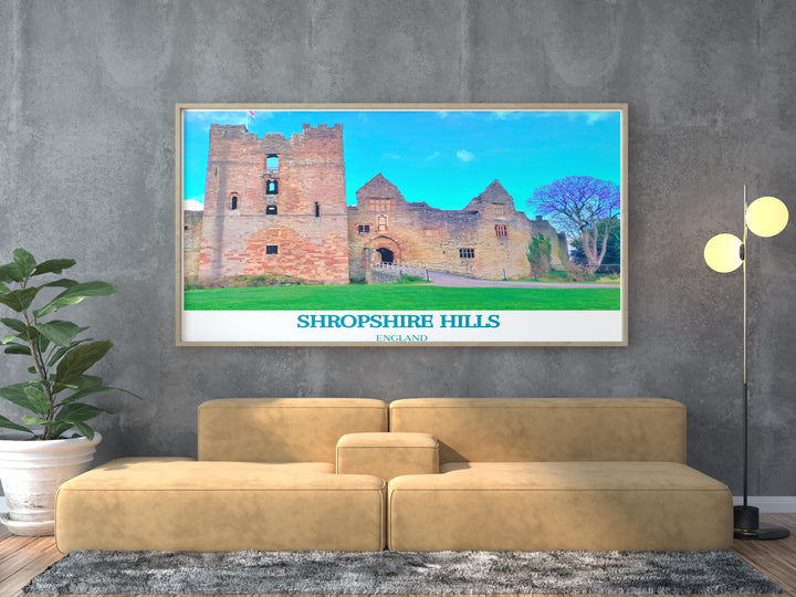 Ludlow Castle and Shropshire Hills featured in this retro travel poster provide a timeless view of the Shropshire Hills AONB ideal for those who appreciate classic travel art and want to bring the beauty of Englands landscapes and heritage into their living space.