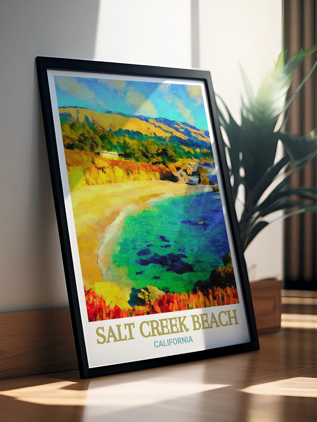 Capture the essence of Salt Creek Beach in California with this vibrant print. The scene showcases the tranquil waves and golden sands, ideal for enhancing any room with coastal decor. Perfect for anyone who admires Californias stunning landscapes and relaxing beach vibes.