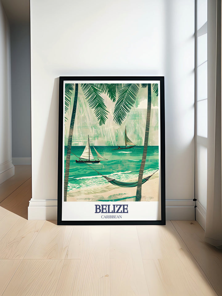 Secret Beach Ambergris Caye travel poster featuring vibrant blue waters and serene sandy shores perfect for Caribbean decor and gifts bringing tropical charm to any space with high quality prints and fade resistant inks