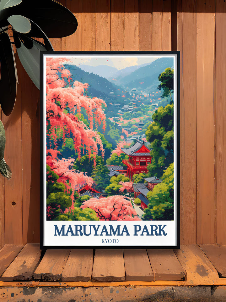 Beautifully detailed Kyoto Yasaka Shrine Shidare Zakura art print with cherry blossoms ideal for adding elegance to any living space a perfect travel poster for those who love Japan and a thoughtful gift for friends and family who appreciate fine art