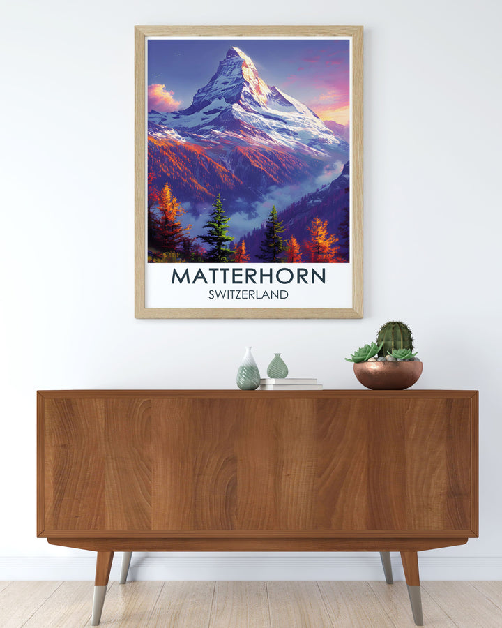 Ski Resort Poster capturing the spirit of adventure in Grindelwald with detailed illustrations paired with Matterhorn modern decor creating a harmonious and sophisticated living room aesthetic