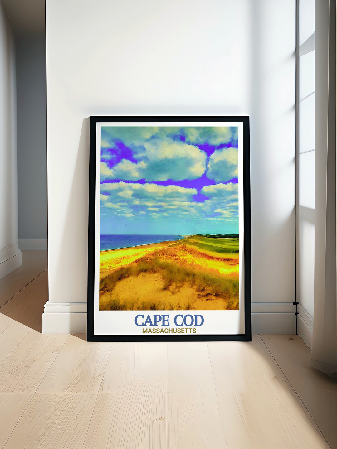 Experience the timeless appeal of Cape Cod with this elegant travel print. Featuring the iconic seashore of Massachusetts, this art piece is a must have for coastal decor enthusiasts.