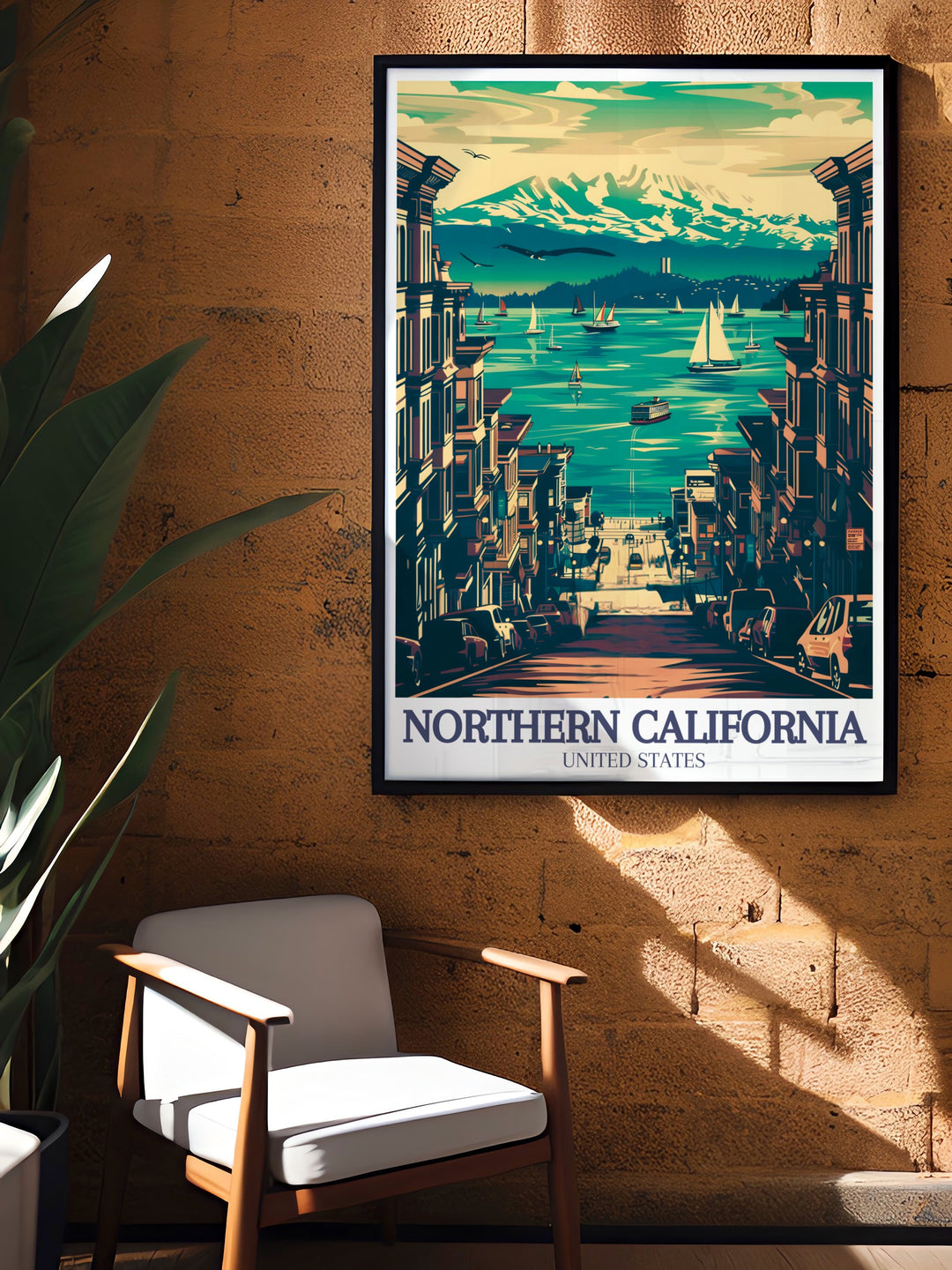 The Lake Tahoe Print showcases the calming waters of Northern Californias famous lake alongside the majestic Redwood Sequoia trees. With the addition of the iconic San Francisco skyline, this wall art is perfect for any vintage travel print lover.