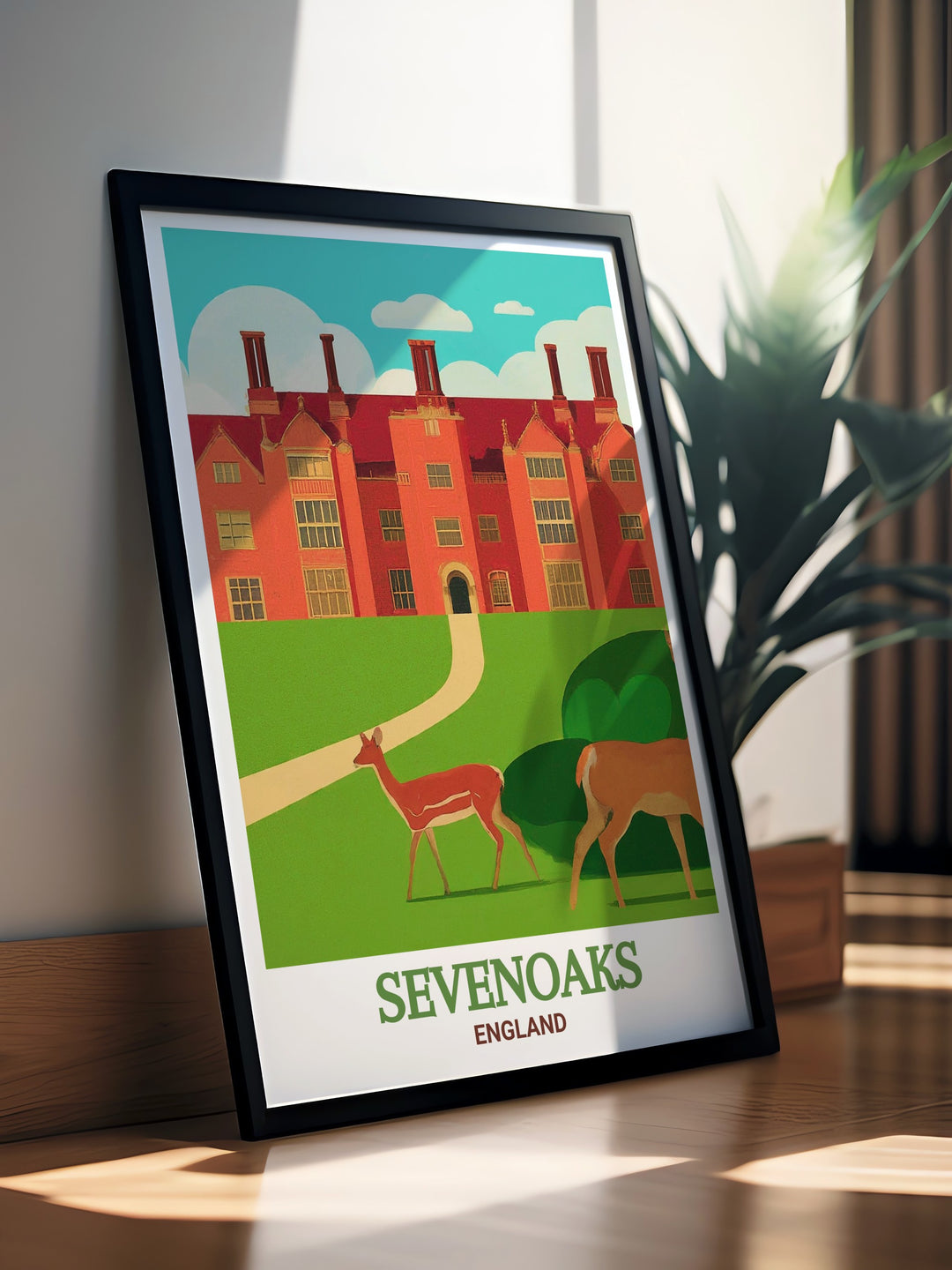 Custom print of Knole Park in Sevenoaks, England, highlighting the estates picturesque landscapes and rich historical background. The custom artwork allows you to celebrate the beauty of one of Englands most famous landmarks in a way that suits your personal style. Perfect for creating a personalized and meaningful gift or enhancing your own living space with a unique piece of Englands history.