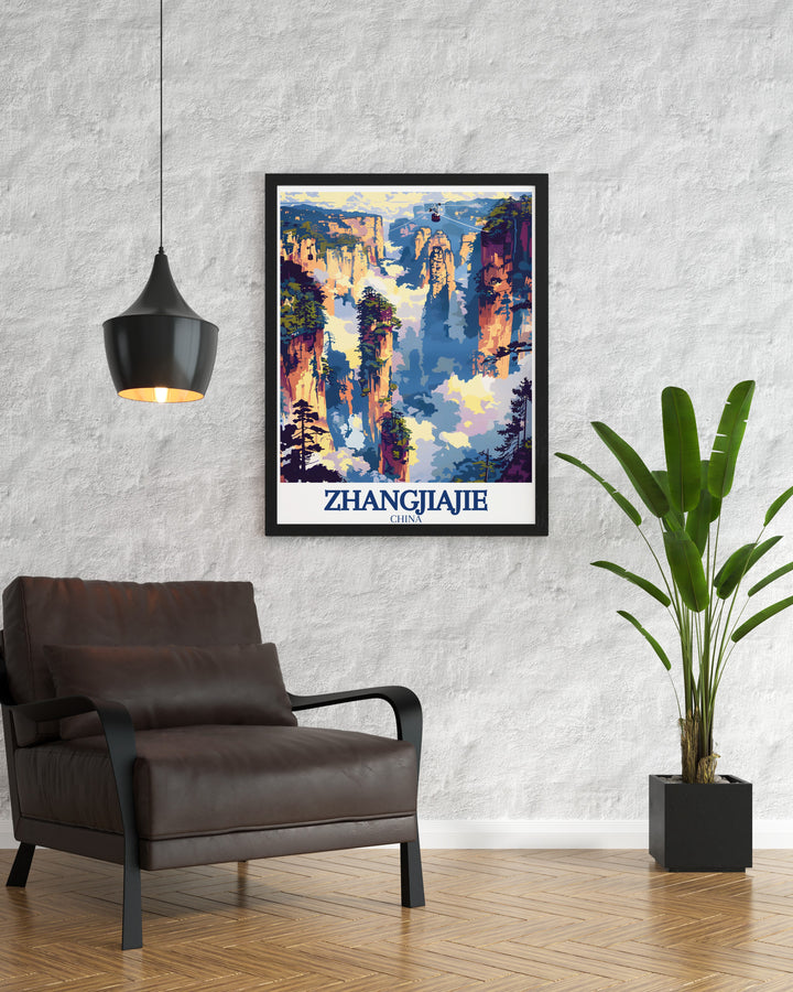 An art print celebrating the towering natural beauty of Zhangjiajie National Forest in China. With its soaring sandstone pillars and tranquil forested scenery, this print brings a sense of peace and majesty into any room. Perfect for nature lovers and travel enthusiasts.