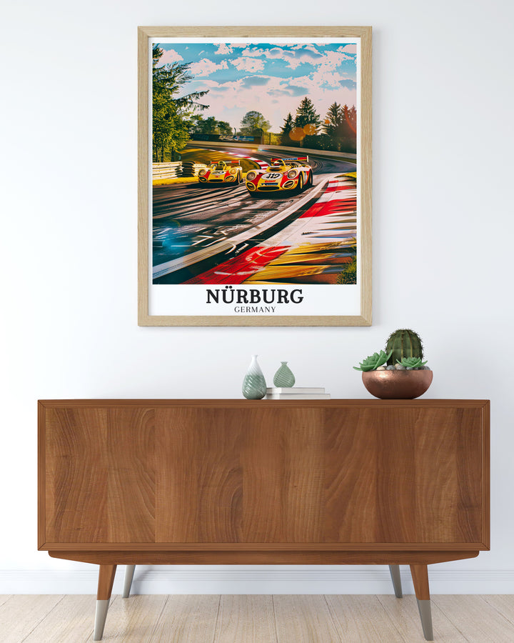 Experience the history and excitement of Formula 1 with this Nürburg and Nürburgring travel print. The winding track, surrounded by lush forests, is the perfect representation of Germanys passion for motorsport and racing culture.