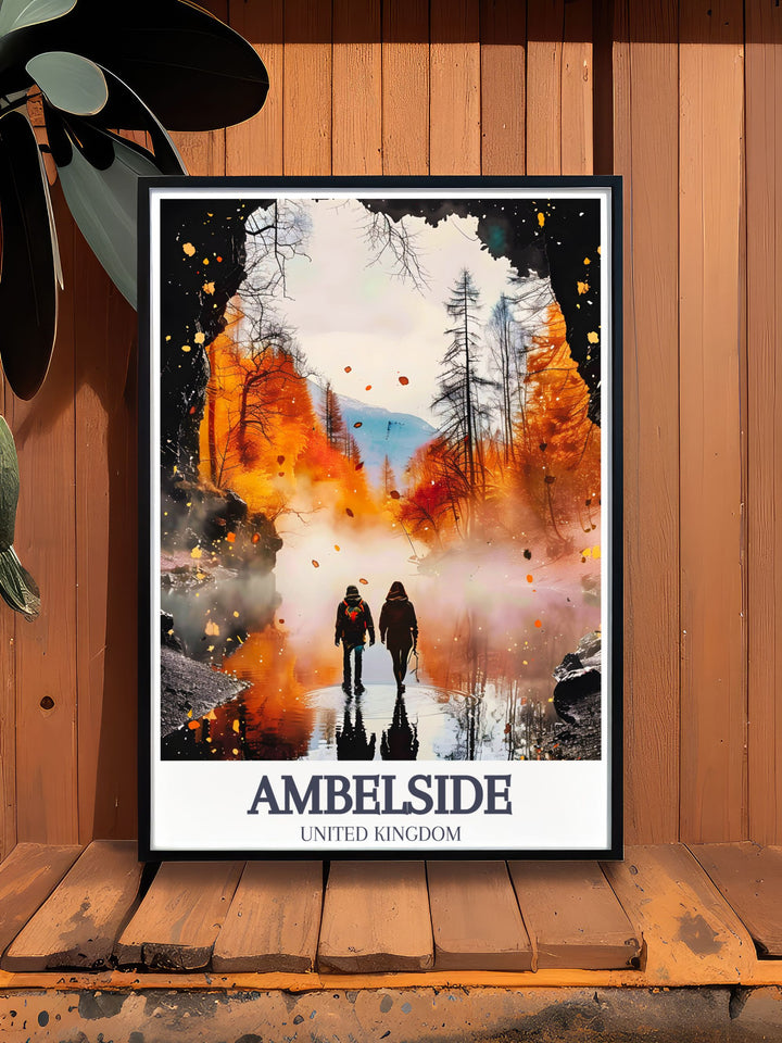 Retro travel poster of Ambleside, showcasing the timeless beauty of Rydal Cave, perfect for those who appreciate natural landscapes and English culture.