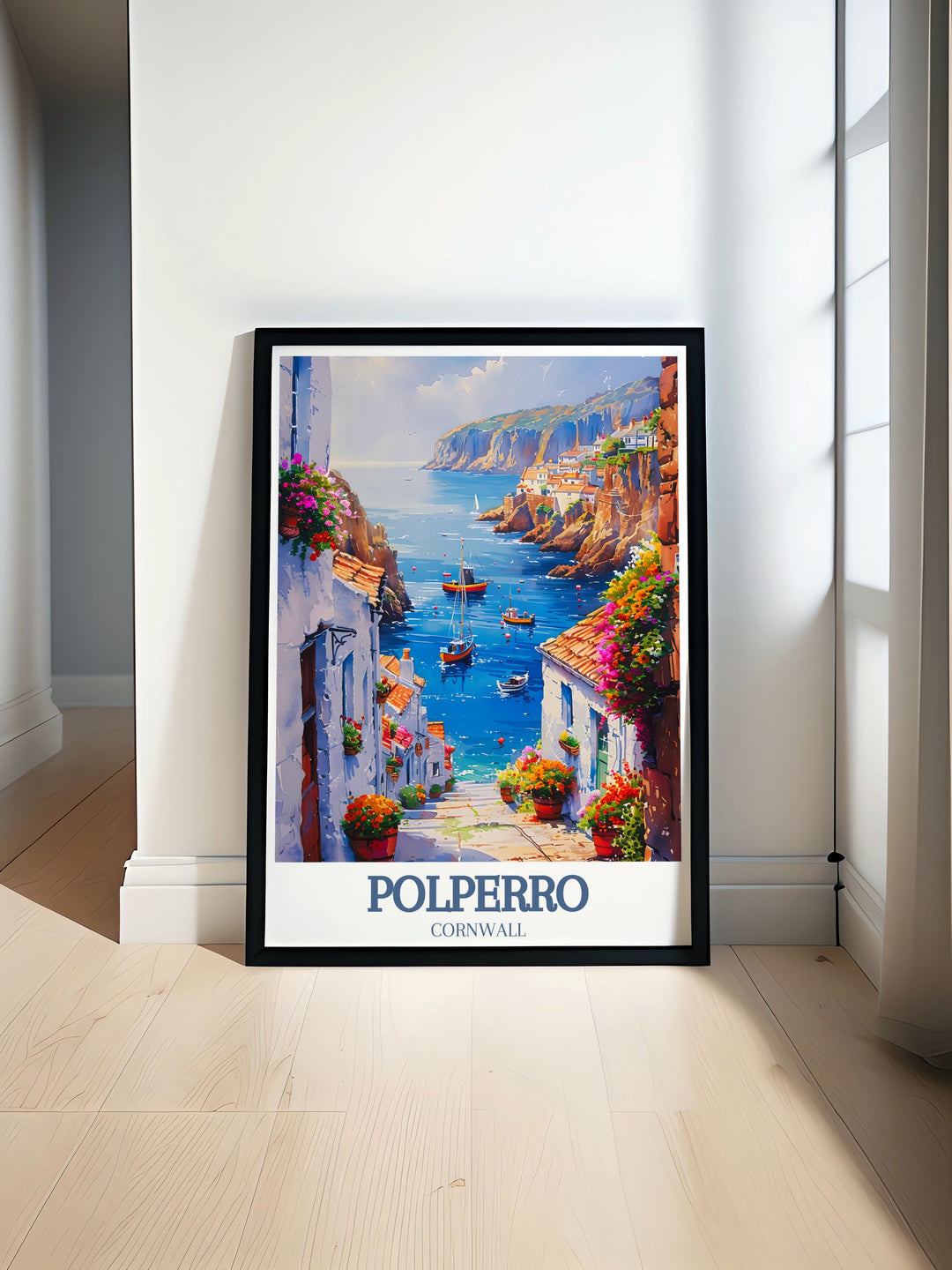 Polperro Beach framed print showcasing the stunning coastal beauty of Polperro Cornwall perfect for enhancing living room decor with vintage travel art