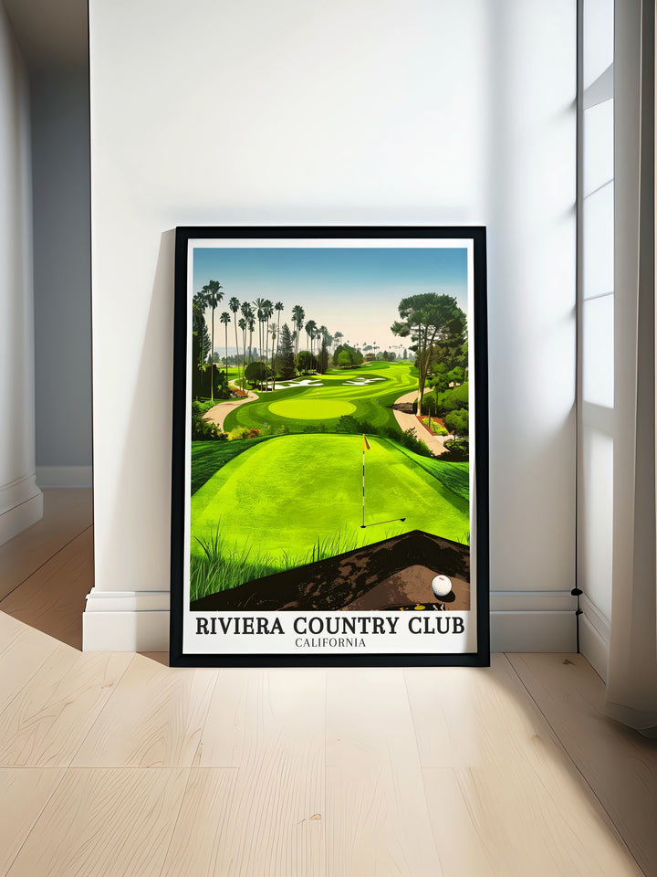 A detailed poster print of the Riviera Country Club, focusing on the 1st tee and the surrounding landscape of Pacific Palisades. This travel art brings the elegance and legacy of this famed golf course into your home, ideal for decorating any golf enthusiasts space.