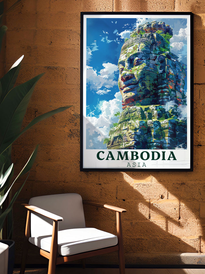 Stunning black and white Bayon Temple fine line print highlighting the intricate details and serene expressions of this historical site perfect for any decor.