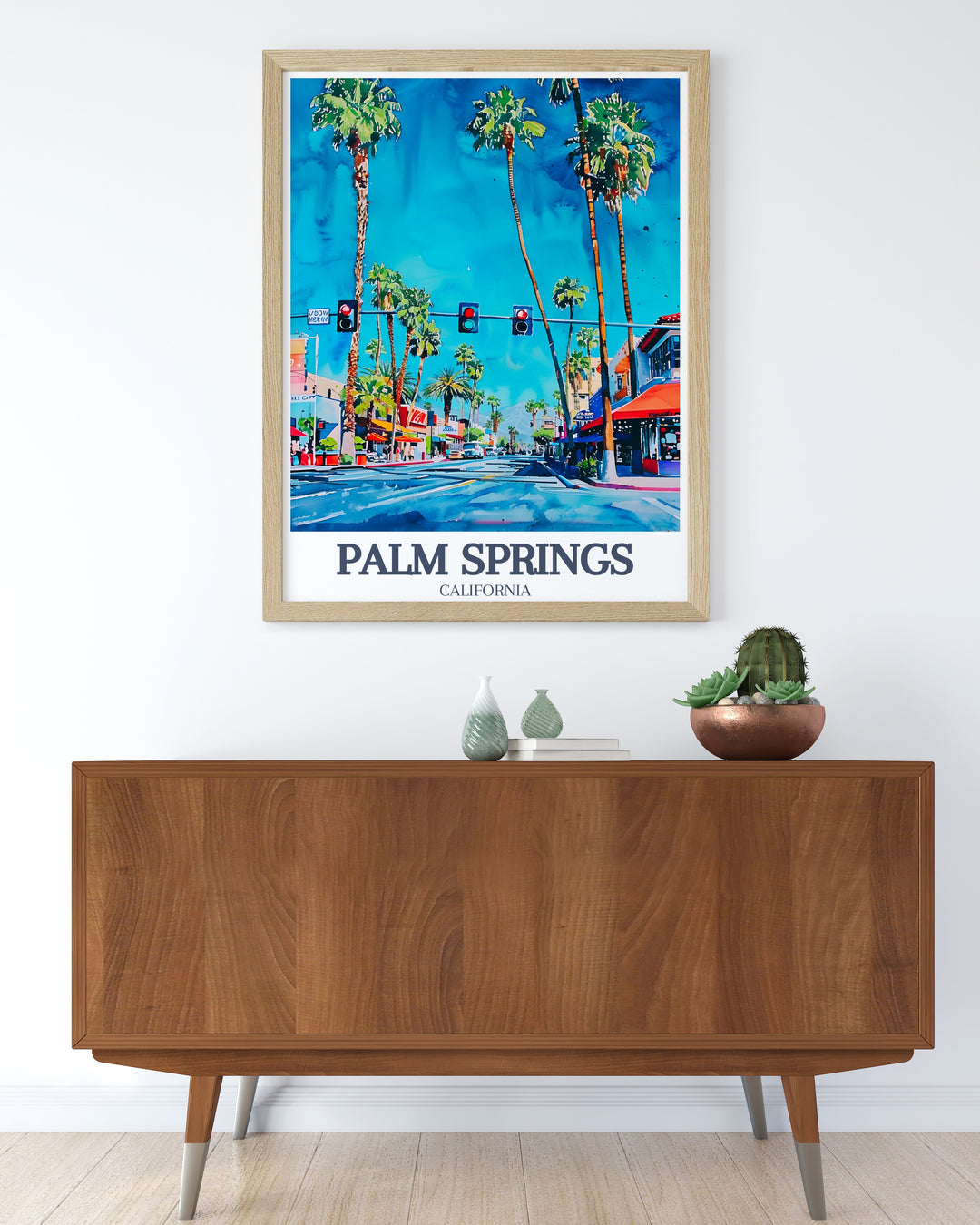 Palm Springs Wall Poster highlighting the energy of Palm Canyon Drive and the chic modernity of Downtown. This travel print is ideal for California lovers who want to bring a touch of the deserts beauty into their home decor.