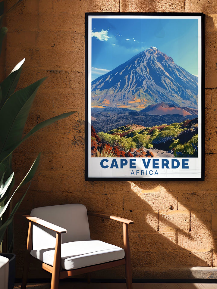 Featuring Poco do Fogo and the coastal landscapes of Cape Verde, this travel print offers a breathtaking view of Africas island beauty. The poster highlights the archipelagos rich geography and is ideal for anyone who dreams of visiting Cape Verde or enjoys African travel art.