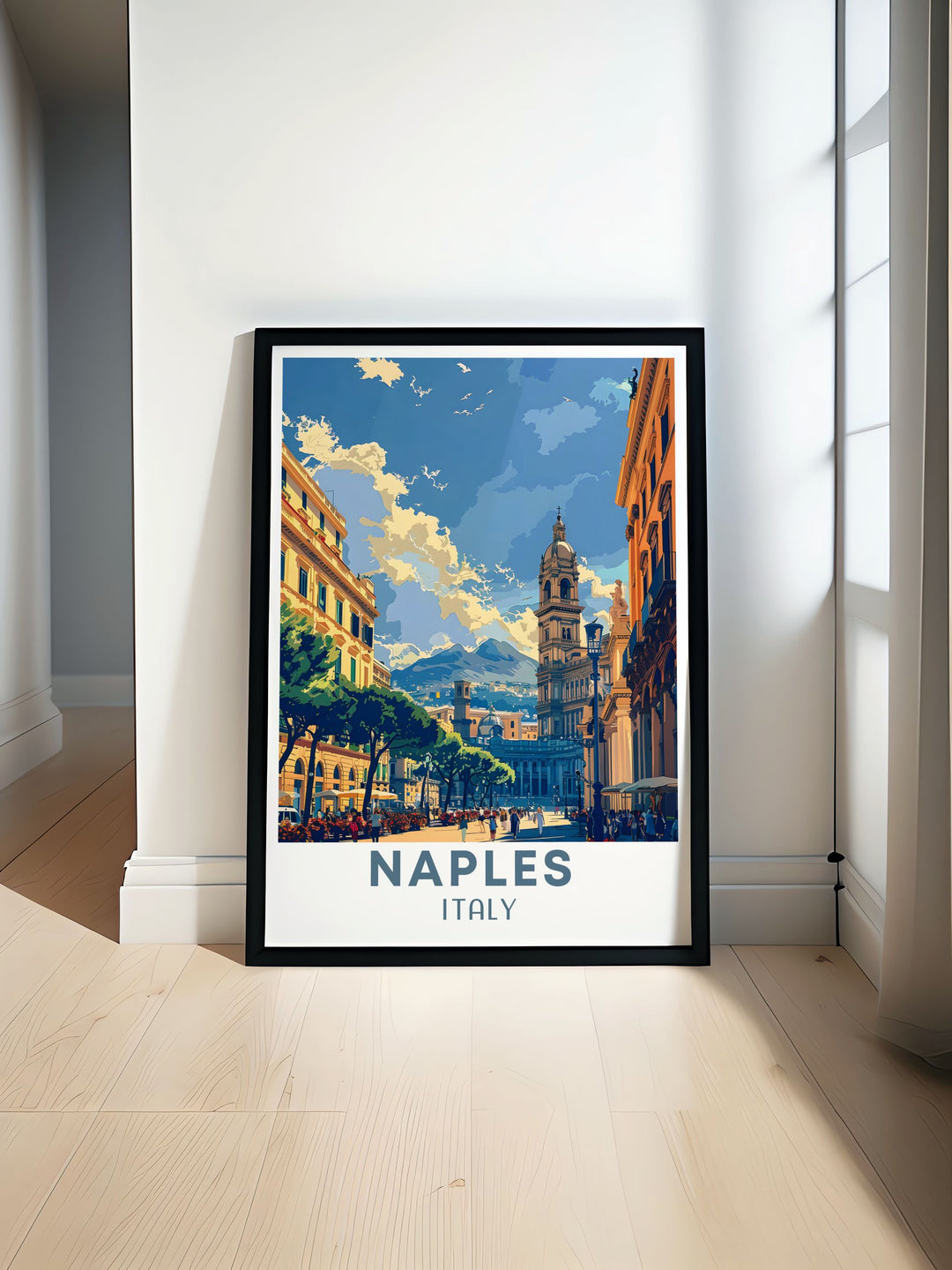 NAPLES Print showcasing the vibrant streets and historic landmarks of Naples Italy with Piazza del Plebiscito in the background. Perfect for home decor and travel enthusiasts. A beautiful addition to any art collection celebrating Italian charm.