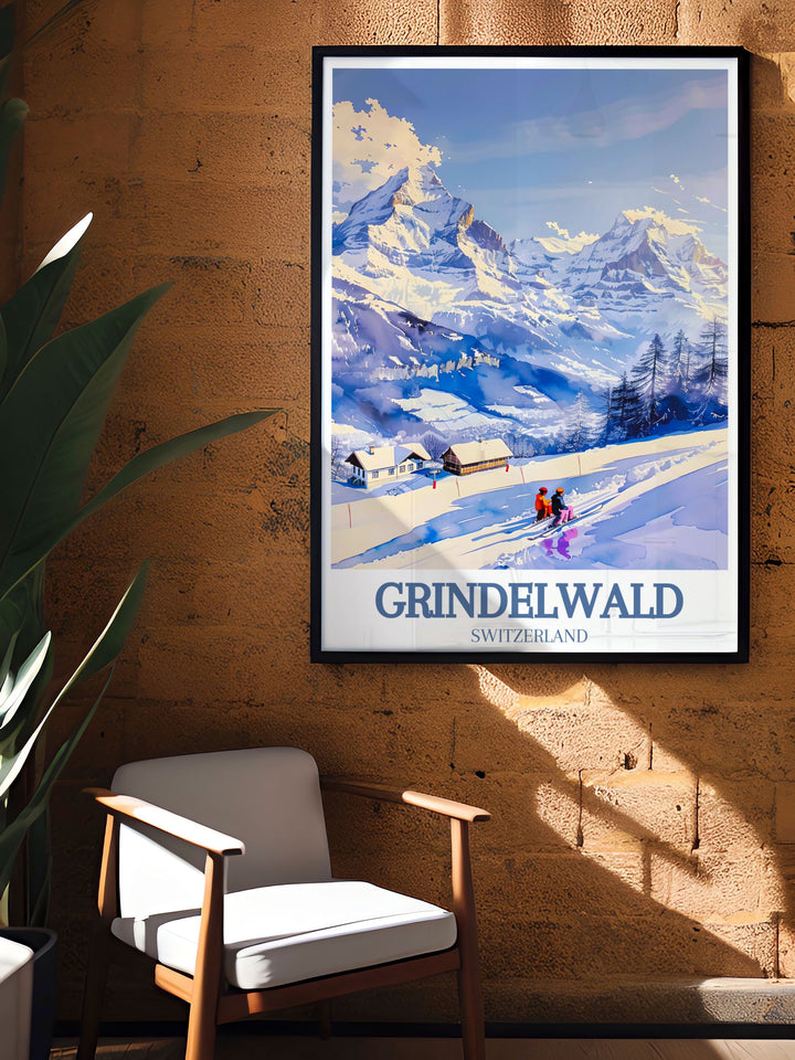 This art print of the Swiss Alps captures the majestic peaks and tranquil beauty of Grindelwald, providing a detailed and picturesque view of one of Europes most stunning regions.