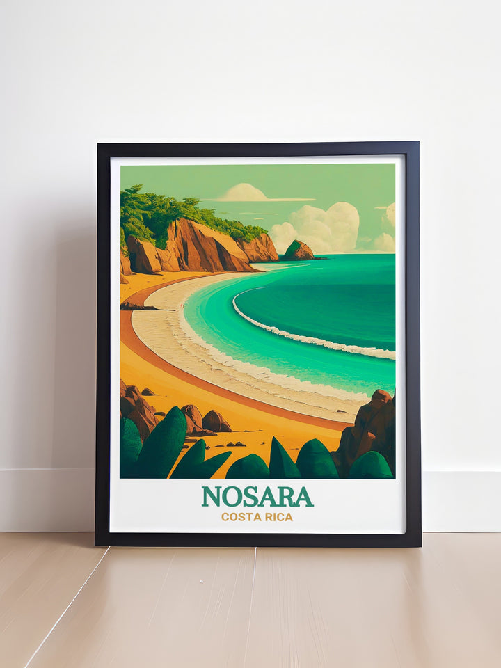 The secluded beauty of Playa Pelada in Nosara, Costa Rica, is captured in this vibrant print. The artwork highlights the beachs peaceful ambiance and natural scenery, making it a perfect addition for those who appreciate the quiet beauty of nature. Display this piece to bring a touch of Costa Ricas serene landscapes into your home.