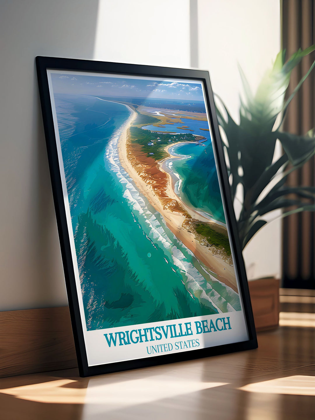 Wrightsville Beach Travel Print with Masonboro Island adds a touch of coastal elegance to your space. The vintage poster design combined with minimalist elements makes it a versatile wall art piece that complements various decor styles from modern to traditional.