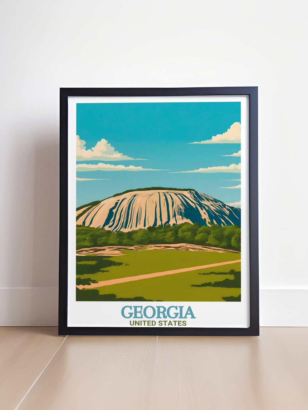 This Georgia travel print features a stunning view of the iconic Stone Mountain Park alongside the modern Atlanta skyline. Perfect for home decor, this artwork combines natures beauty with the energy of urban life, making it ideal for Georgia lovers and travelers.