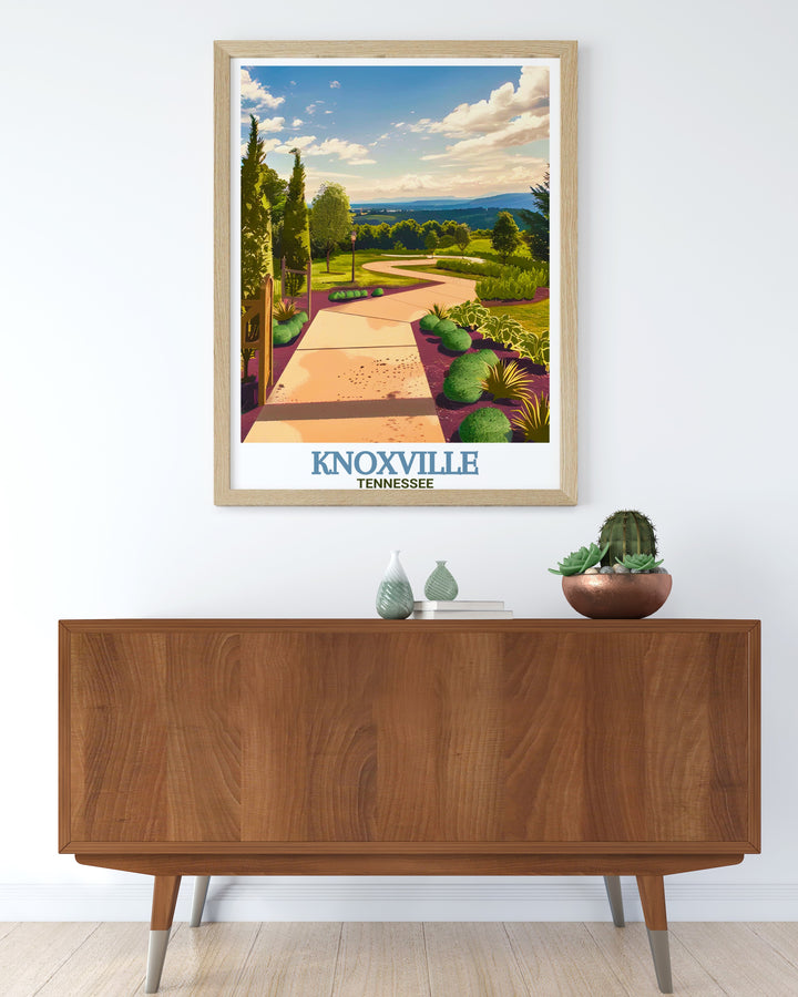 Knoxville travel print featuring the Knoxville Botanical Garden and Arboretum, ideal for adding a splash of greenery to any room. This detailed wall art brings the calm and peaceful atmosphere of Knoxvilles garden spaces to life.