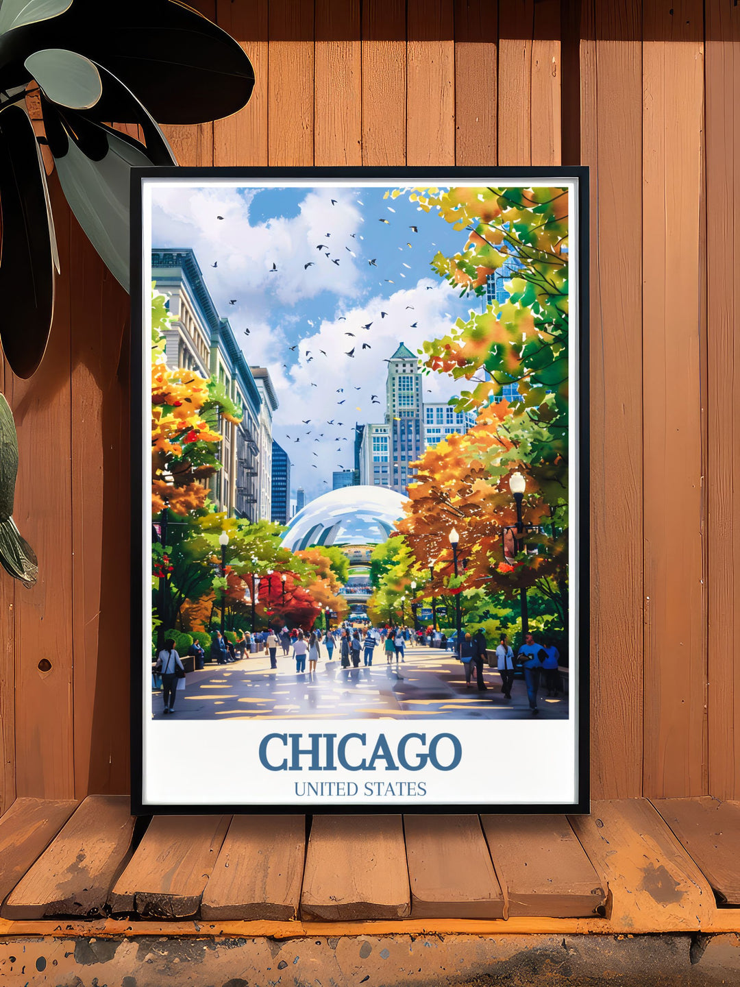 This travel poster of Chicago captures the vibrant atmosphere of Millennium Park, perfect for adding a touch of urban charm to your decor. Featuring the iconic Cloud Gate, this poster brings the modern elegance of Chicago into your home.