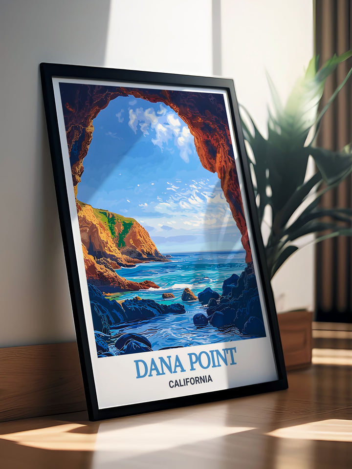 Dana Point Caves vintage print is a must have for art lovers and travelers. This California print captures the unique charm of Dana Point and is perfect for adding a touch of coastal beauty to your home.