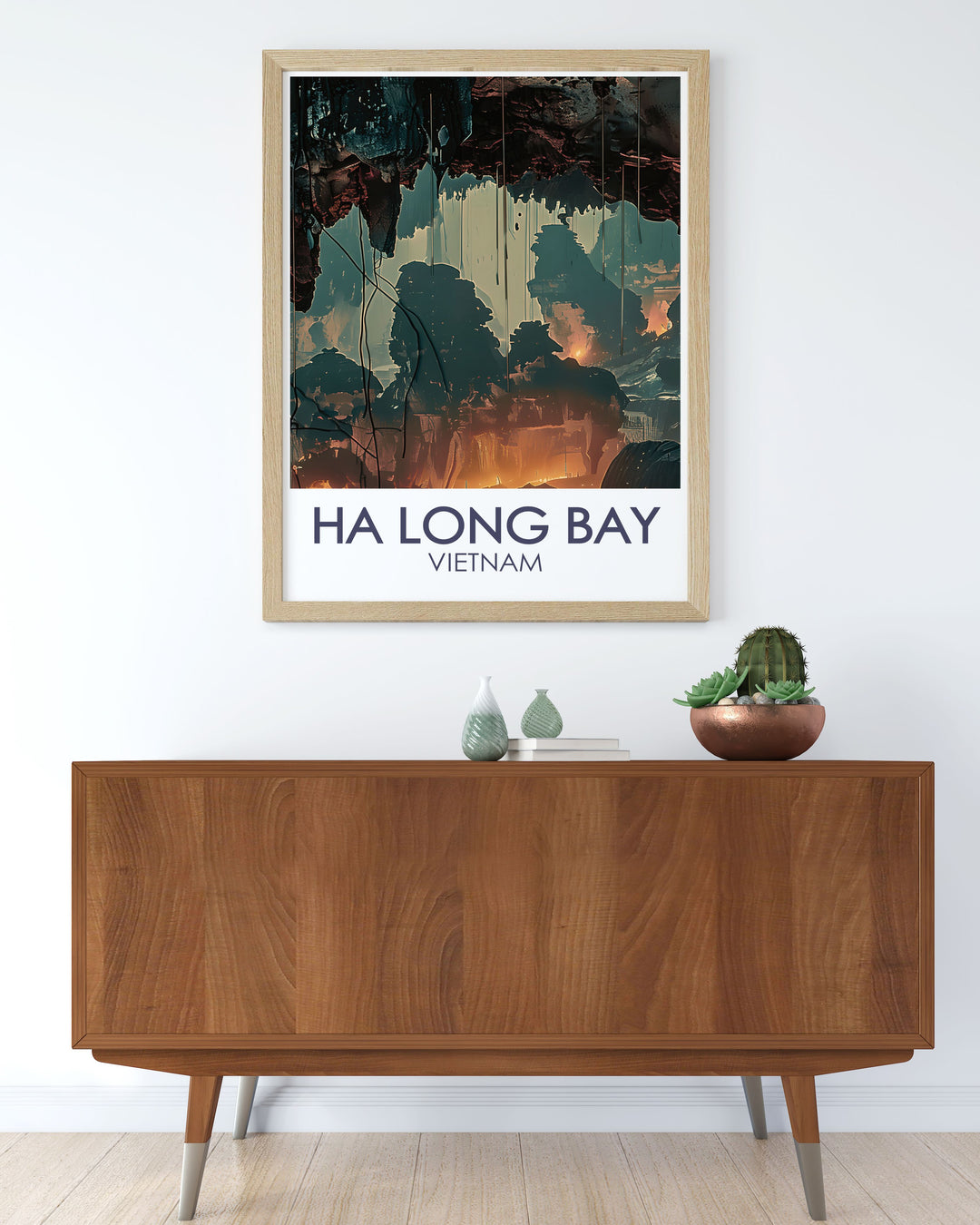 Showcasing the scenic beauty of Ha Long Bay, this travel poster captures the tranquil and majestic landscapes of Vietnams UNESCO World Heritage Site, bringing a piece of its wonder into your home.