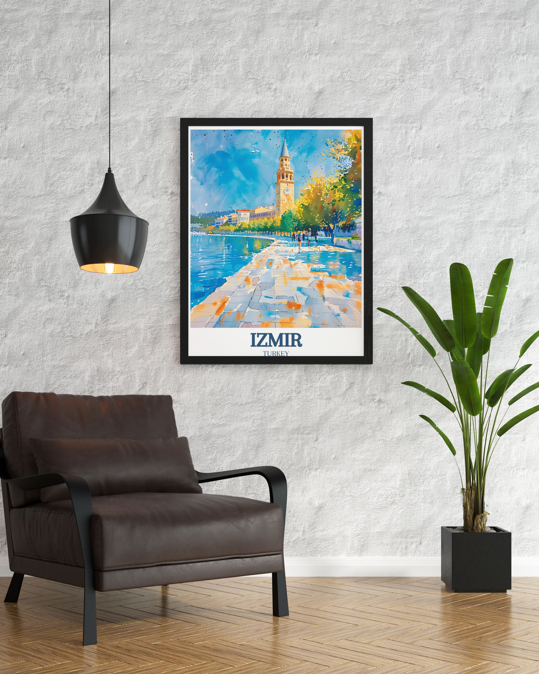 This travel poster beautifully captures Izmirs Clock Tower, Kordon Promenade, and the Aegean Sea, highlighting the vibrant and historical essence of these iconic landmarks in Turkey.