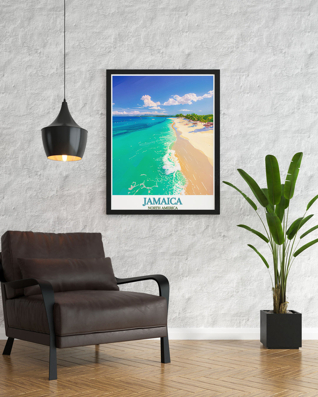 Featuring the picturesque Seven Mile Beach, this art print brings the serene and tropical ambiance of Jamaica into your living space with vivid colors and detail.