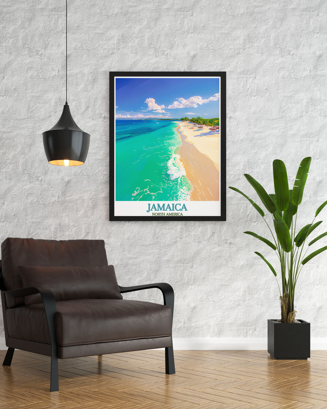 Bring the beauty of Jamaicas Seven Mile Beach into your home with this travel print. Whether youve visited the island or are planning a trip, this poster captures the charm and serenity of Jamaicas most famous beach, making it a perfect wall art piece.