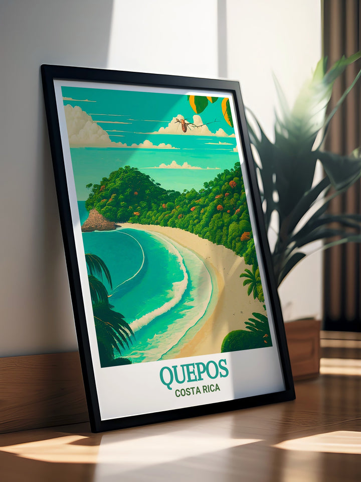 The lively town of Quepos and the serene beauty of Manuel Antonio National Park are both featured in this captivating print. The artwork highlights the best of Costa Ricas landscapes, making it a perfect choice for nature enthusiasts. Whether for your living room, bedroom, or office, this piece adds a tropical touch to your decor.