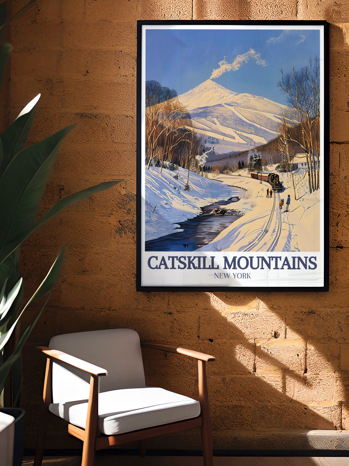 Hunter Mountain and Catskill Mountain Railroad stunning living room decor prints highlight the majestic landscapes of New York State. These travel prints offer an artistic portrayal of nature for those seeking to enhance their wall decor.