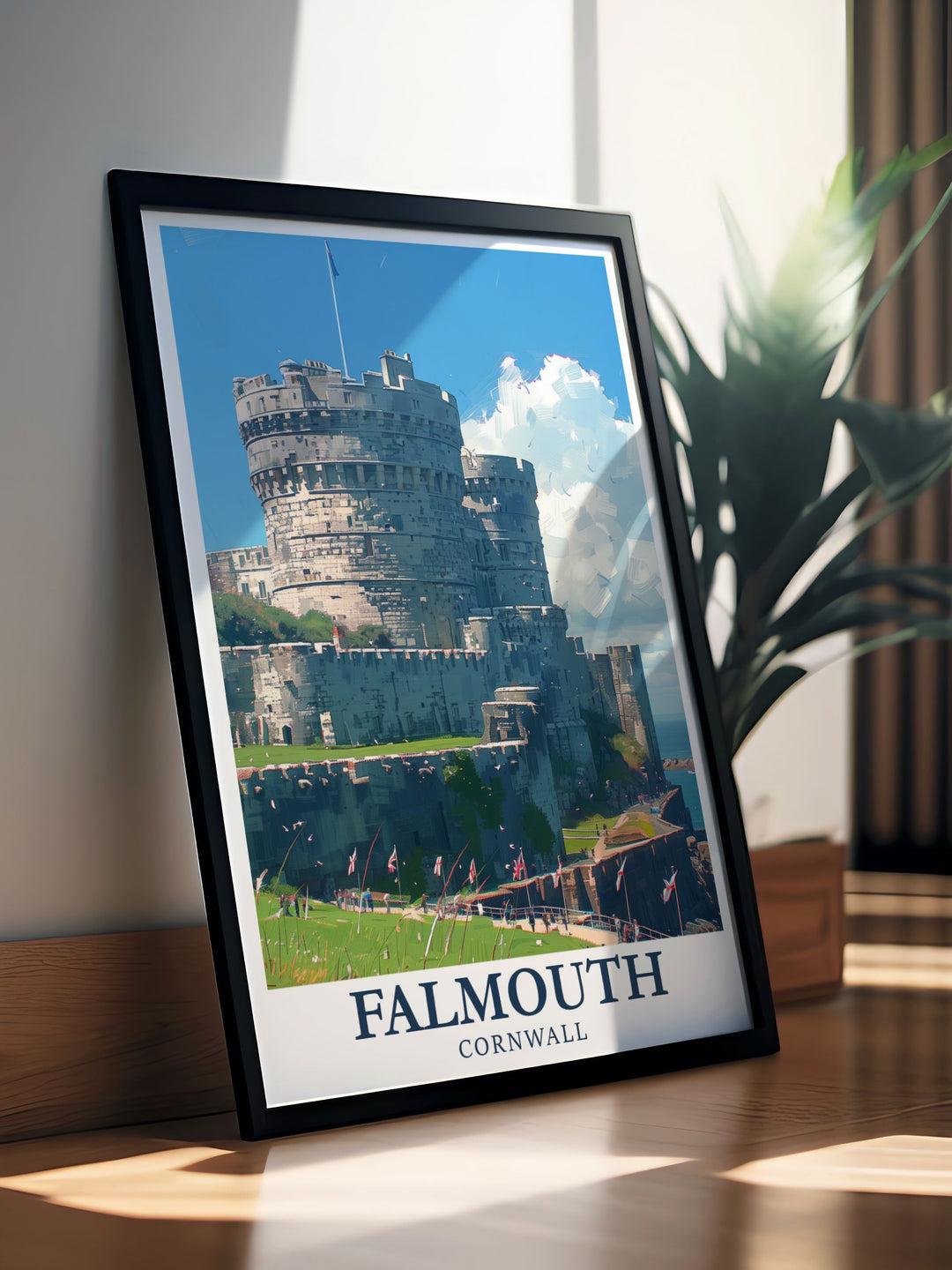 Stunning Pendennis Castle print depicting the iconic landmark in Falmouth, Cornwall. Ideal for history enthusiasts, this artwork highlights the grandeur and historical significance of the castle, adding a touch of elegance to any room.
