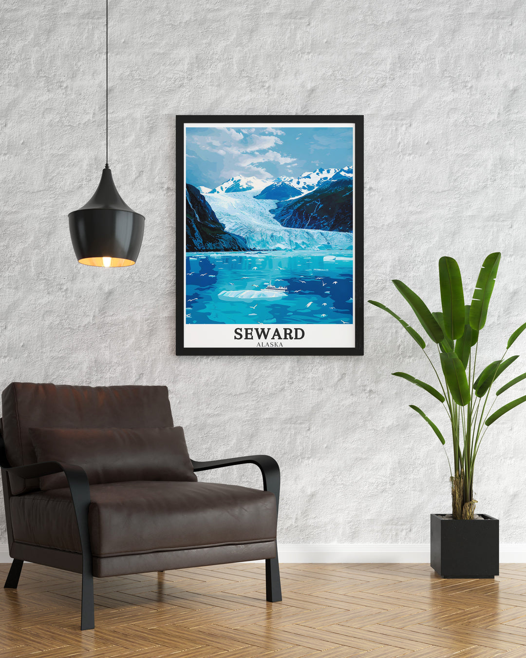 Beautiful Seward travel print capturing the stunning landscapes of Kenai Fjords National Park and the expansive Harding Icefield. This artwork brings the raw beauty of Alaskas wilderness into your home, making it a perfect addition to any nature lovers decor