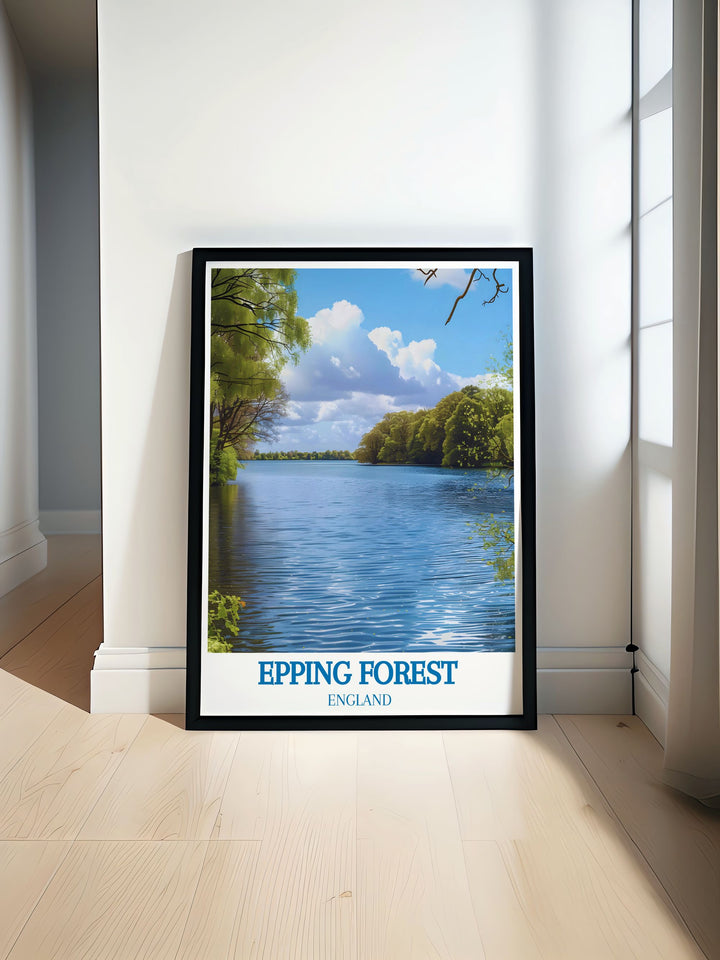 Travel art showcasing the diverse habitats of Epping Forest, from its ancient woodlands to its tranquil lakes.