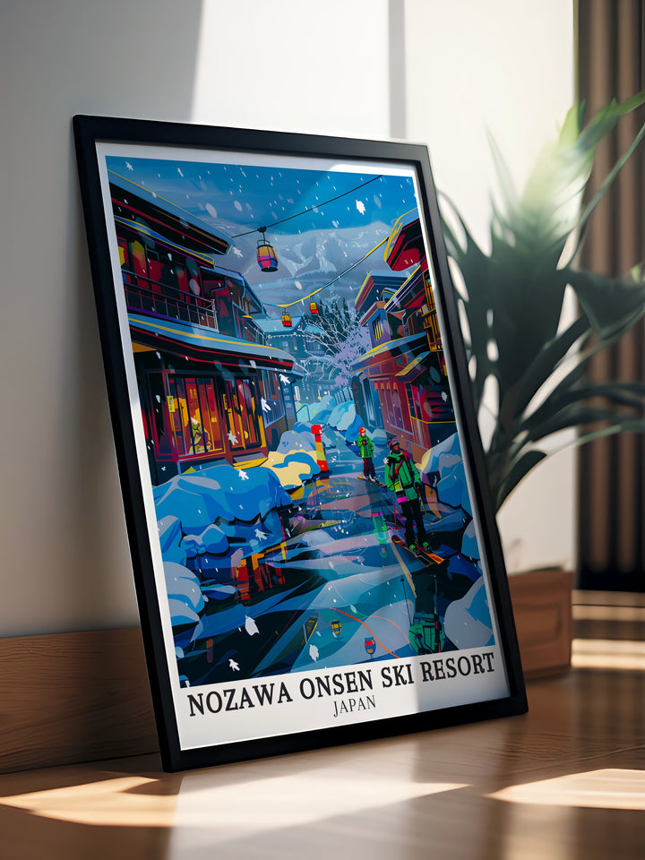 Nozawa Onsen Vintage Ski Poster brings a nostalgic touch to your decor, with classic design elements reminiscent of mid century travel posters. This artwork is a perfect reminder of the timeless charm of Japans ski resorts, making it a great addition to any ski enthusiasts collection.