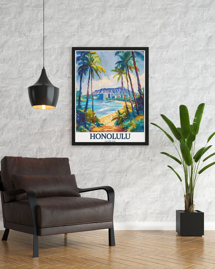 Vintage poster of Waikiki Beach in Honolulu, Hawaii, showcasing the timeless appeal and lively energy of this famous shoreline. This artwork is perfect for those who appreciate the charm and beauty of classic beach scenes.