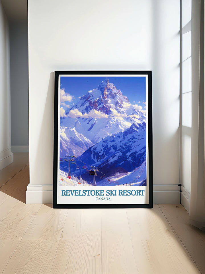 Revelstoke Poster showcasing the beauty of Mount Mackenzie and the Revelation Gondola cable car. Perfect for ski resort enthusiasts and those who love vintage ski posters. This Canada travel poster adds a touch of adventure and elegance to any home decor.