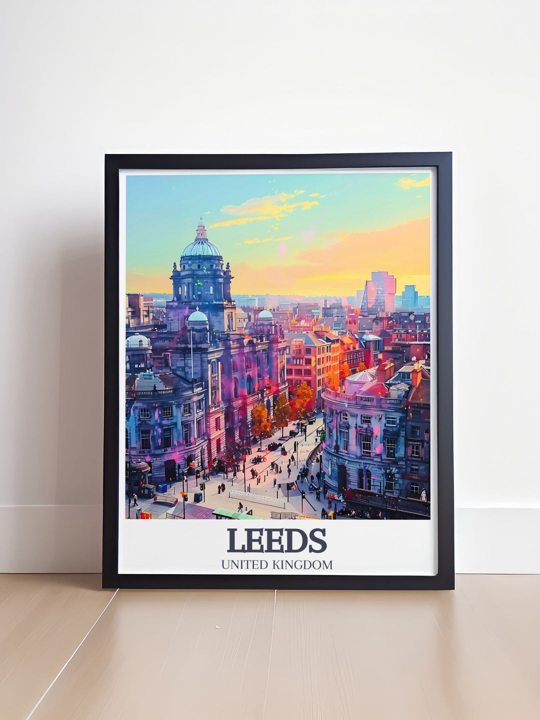 Unique Leeds Corn Exchange and Briggate High Street travel poster capturing the essence of Leeds vibrant city life. Perfect for England travel gift seekers and those looking to add Leeds Corn Exchange home decor to their collection.